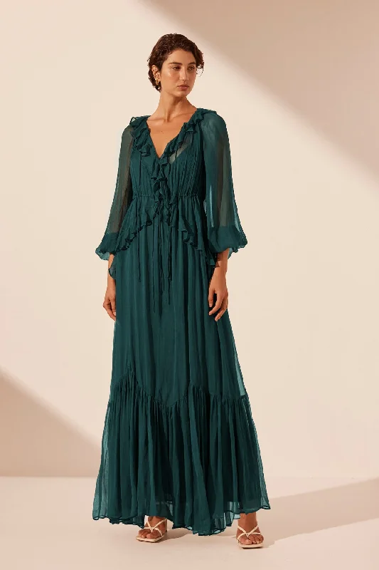 High-end Fashion LAYLA DRAWSTRING RUFFLE MAXI DRESS - DARK TEAL