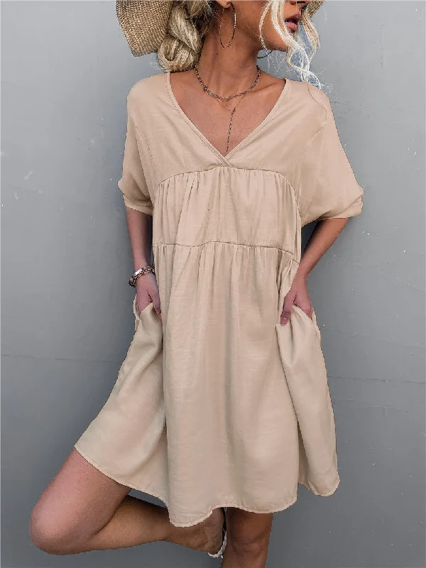 Exquisite Craftsmanship Goodness Cotton Pocketed Babydoll Dress - Khaki
