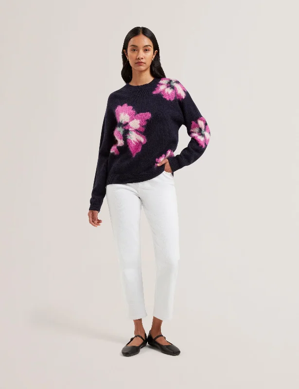Romantic Data Pipann Intarsia Knitted Floral Sweater Navy