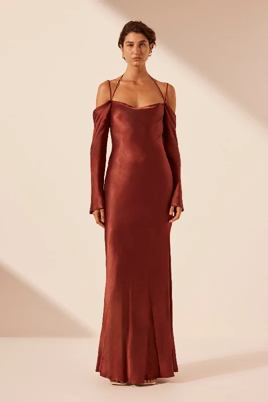 Cute Design LINO OFF SHOULDER TIE MAXI DRESS - MAHOGANY