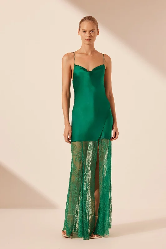 Fashionable And Fashionable ELLE SILK LACE COWL MAXI DRESS - EMERALD GREEN