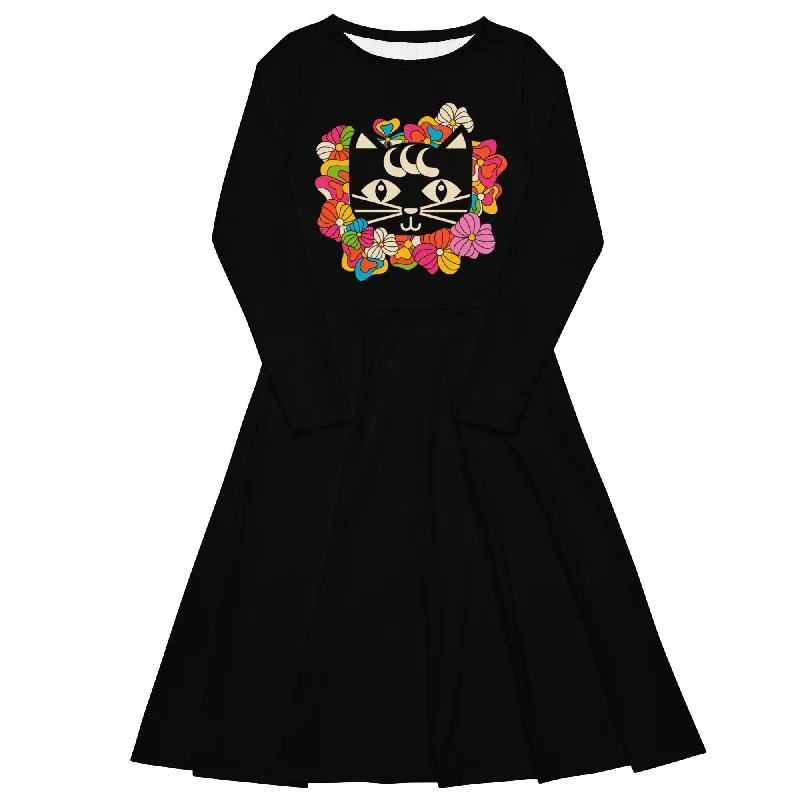 Classic Retro MAGICAT black - just cat - Midi dress with long sleeves and pockets
