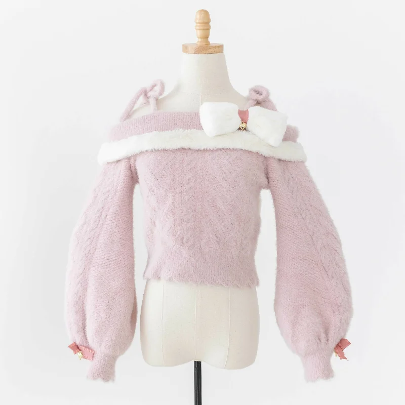 Youthful Street Fashion Lilia & Lace Bunny Ear Knit Sweater with Engraved Heart Charms (Pink)