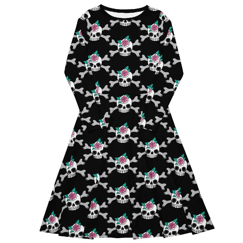 Classic Style SKULLROSE black - Midi dress with long sleeves and pockets