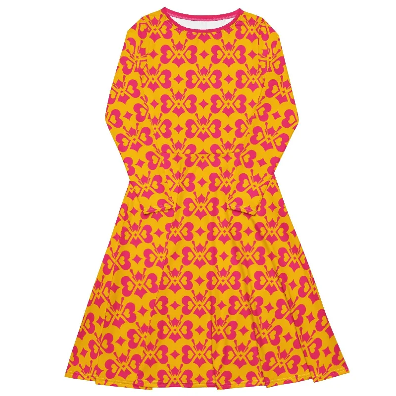 Printed Patterns LOVE BUTTERFLY yellow pink - Midi dress with long sleeves and pockets Printed Patterns LOVE BUTTERFLY yellow pink - Midi dress with long sleeves and pockets