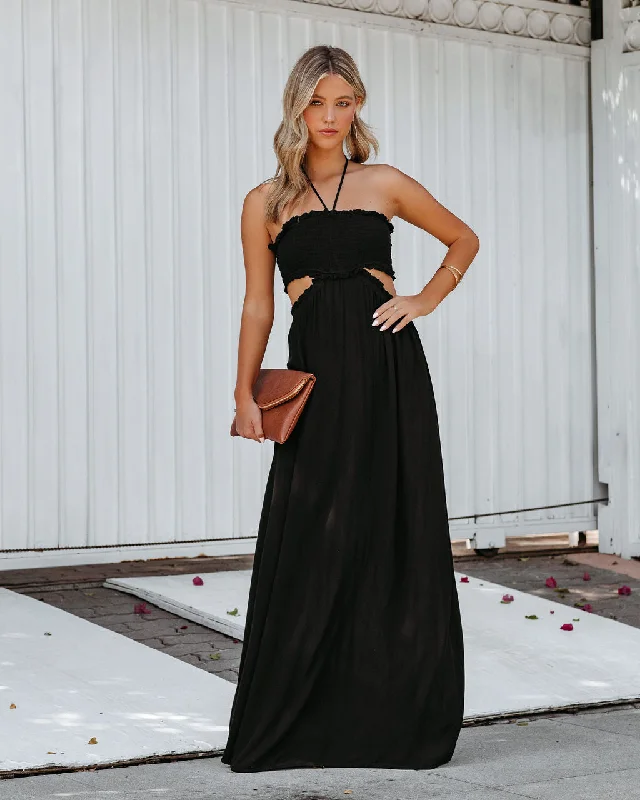 Embroidery Design Hit The Beach Smocked Halter Maxi Dress - Black