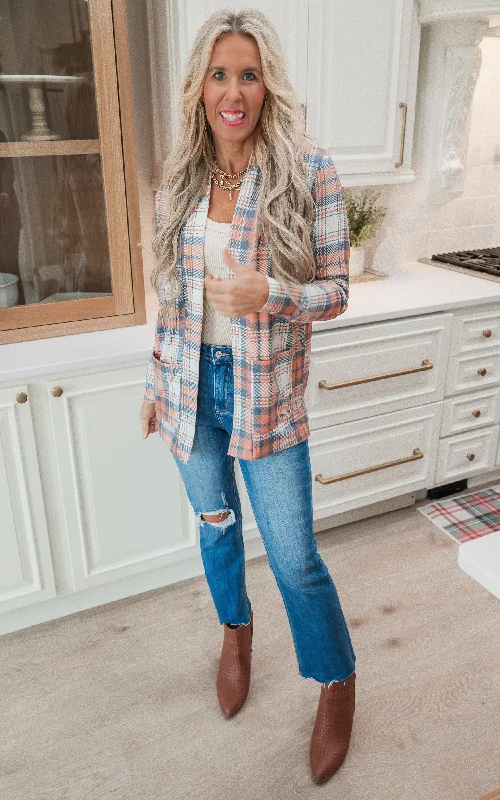 Celebrity Must-have Forever Favorite Plaid Cardigan in Orange Blue Cream #4 | Salty Wave DEAL