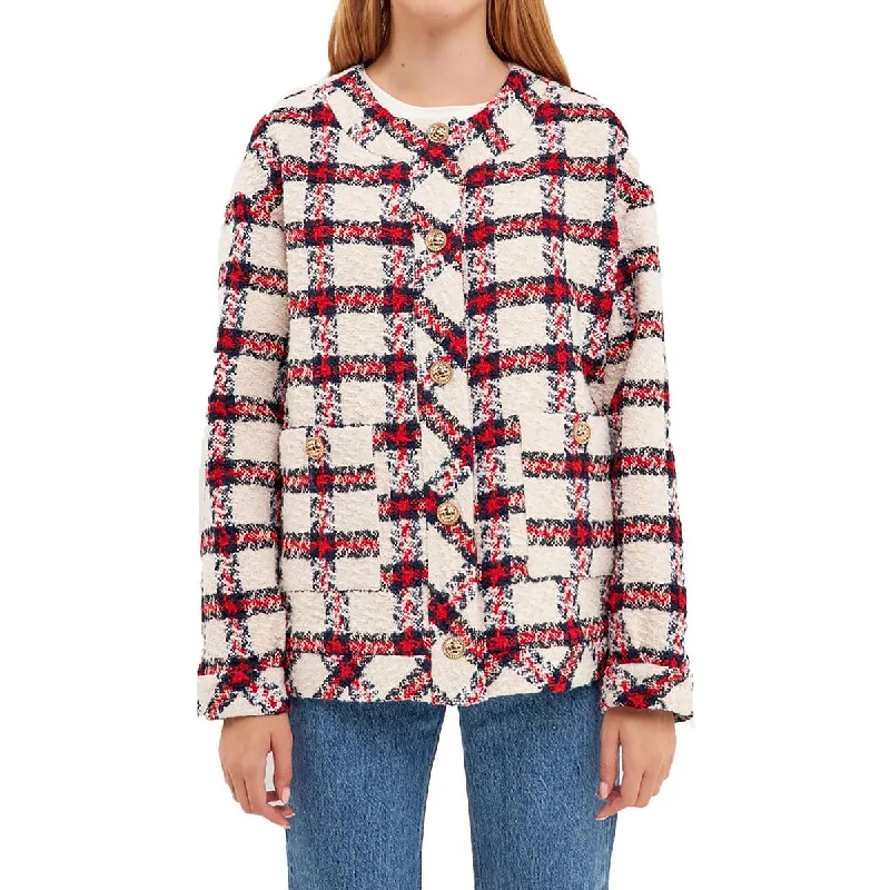 New Season Series English Factory Womens Tweed Plaid Collarless Blazer