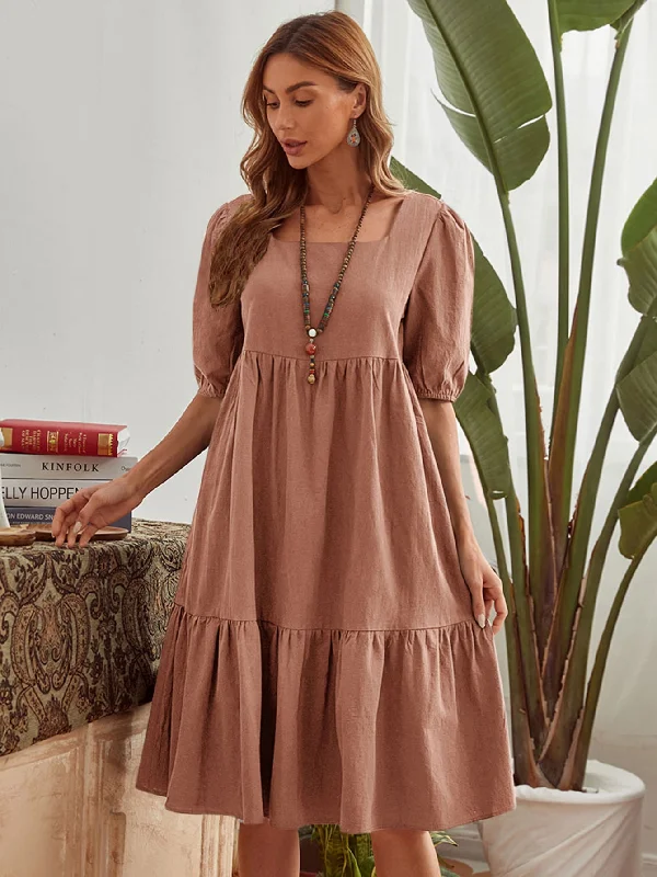 Elegant Wear KittenAlarm - Puff Sleeve Shirred Waist Ruffles Dress