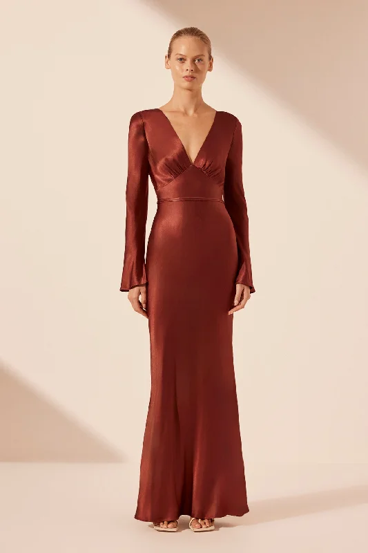 Elegant Wear LINO OPEN BACK TIE MAXI DRESS - MAHOGANY