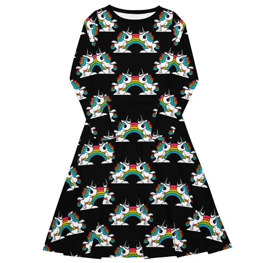 High Street Fashion UNIQUE black - Midi dress with long sleeves and pockets with unicorns and rainbows High Street Fashion UNIQUE black - Midi dress with long sleeves and pockets with unicorns and rainbows