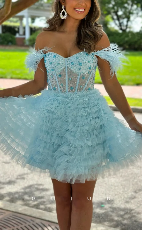 High Street Design GH628 - Chic & Modern Off-Shoulder Beaded Sheer Ball Gown Homecoming Dress High Street Design GH628 - Chic & Modern Off-Shoulder Beaded Sheer Ball Gown Homecoming Dress