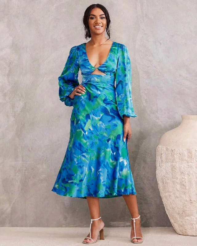 Integrated Design Kora Satin Midi Dress - Green/Blue Print