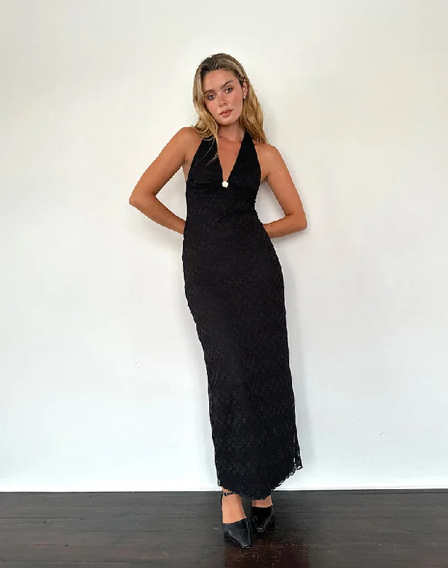 Double-sided Wear Atma Halterneck Maxi Dress in Canina Lace Black