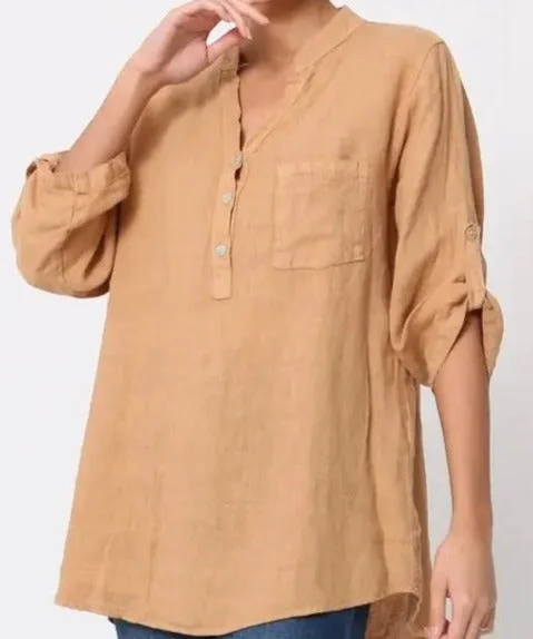 Elegant Design 6367 Linen 3/4 Sleeve Blouse With Chest Pocket & Button Details