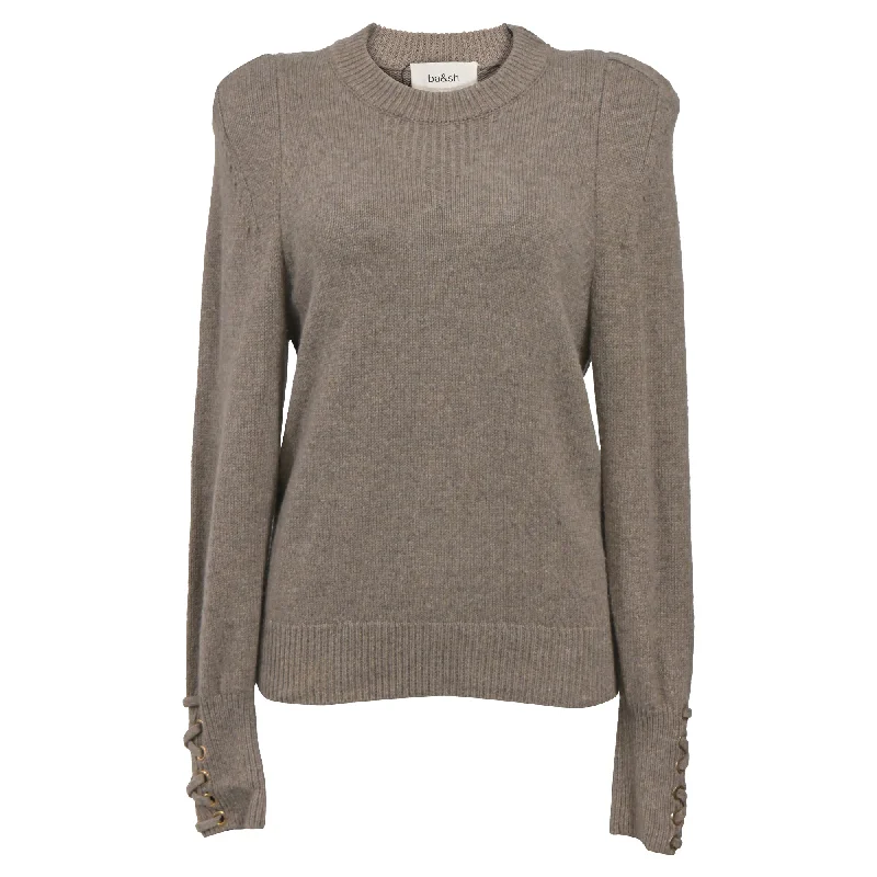 Fashion Style Ba&Sh Keane Crew Neck Knitted With Decorative Cuffs  Sweater in Brown Wool