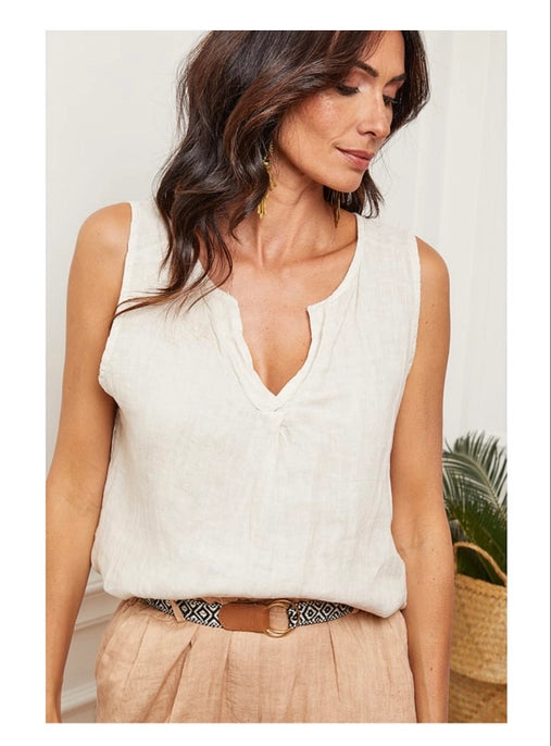 Luxury Style 100% Linen Tank with Notched V-Neck Detail 38009