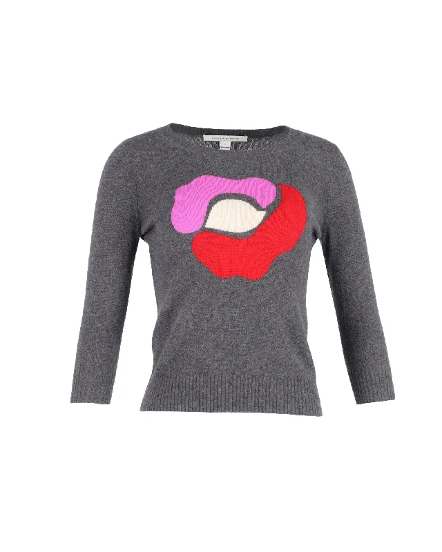 British Fashion Diane Von Furstenberg Floral Intarsia Sweater in Grey Cashmere