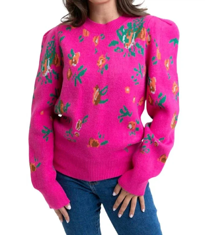 Sports And Leisure Floral Puff Sleeve Sweater In Pink