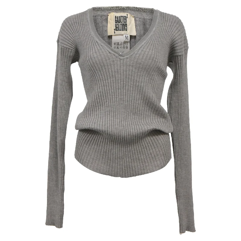Fashion Classic Jean Paul Gaultier Ribbed Knit V-Neck Sweater in Grey Wool