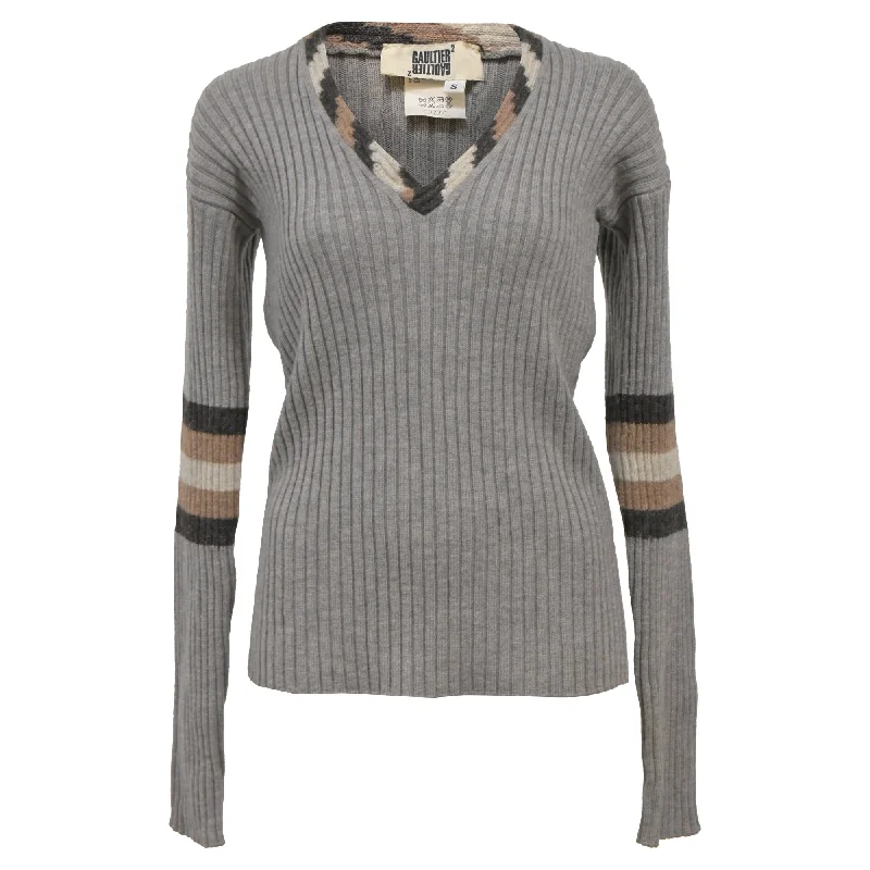 Must-have For Autumn And Winter Jean Paul Gaultier Ribbed Knit V-Neck Sweater in Grey Wool