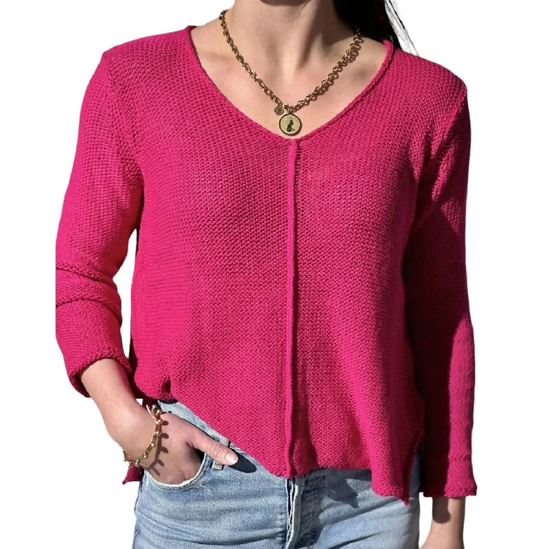 Fashionable And Versatile Sanibel V-Neck Cotton Sweater In Pink Sapphire
