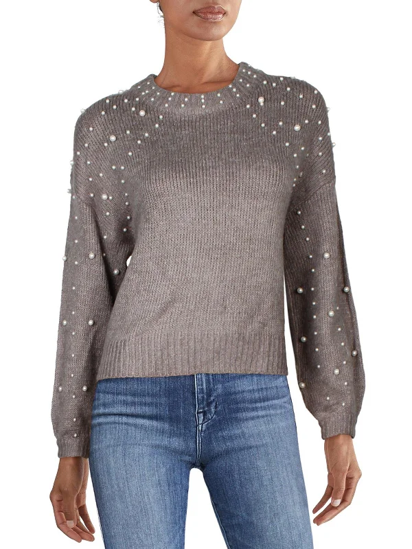 French Style Womens Embellished Balloon Sleeve Pullover Sweater