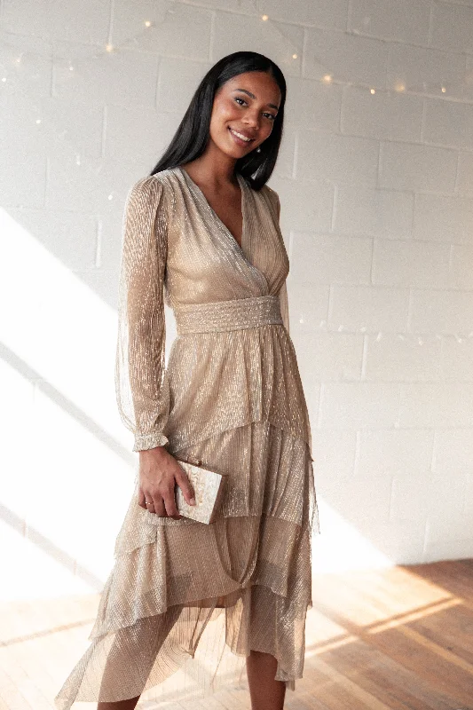 Luxury Style Cybil Pleated Tiered Midi Dress - Champagne Gold
