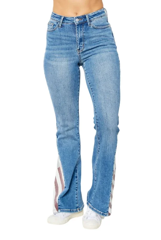 Embroidered Letters Flag Print Flare Jean In Medium Wash