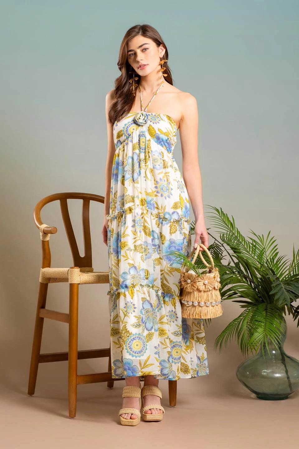 High Street Style Floral Rosette Halter Midi Dress