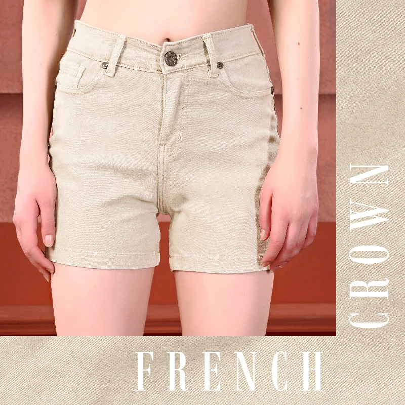 Tropical Style Oyster Beige Women Denim Shorts