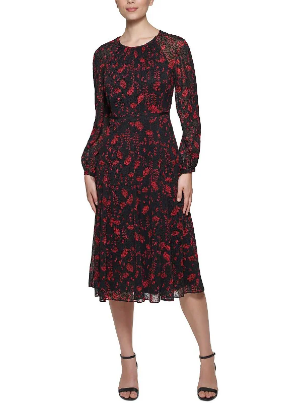 Comfortable Mind Petites Womens Chiffon Floral Fit & Flare Dress