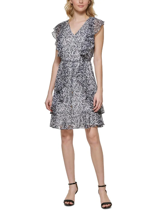 Fashion Innovation Petites Womens Floral Print Mini Fit & Flare Dress