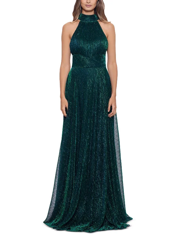 Creative Prints Petites Womens Metallic Halter Evening Dress