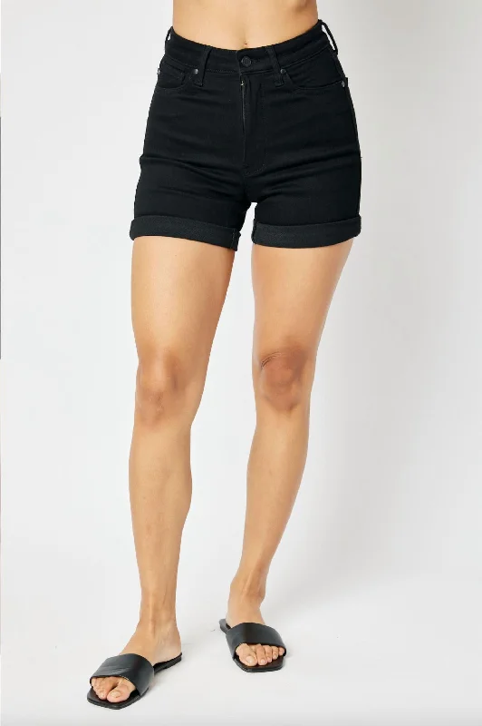 Exquisite Embroidery Tummy Control Cuffed Shorts In Black
