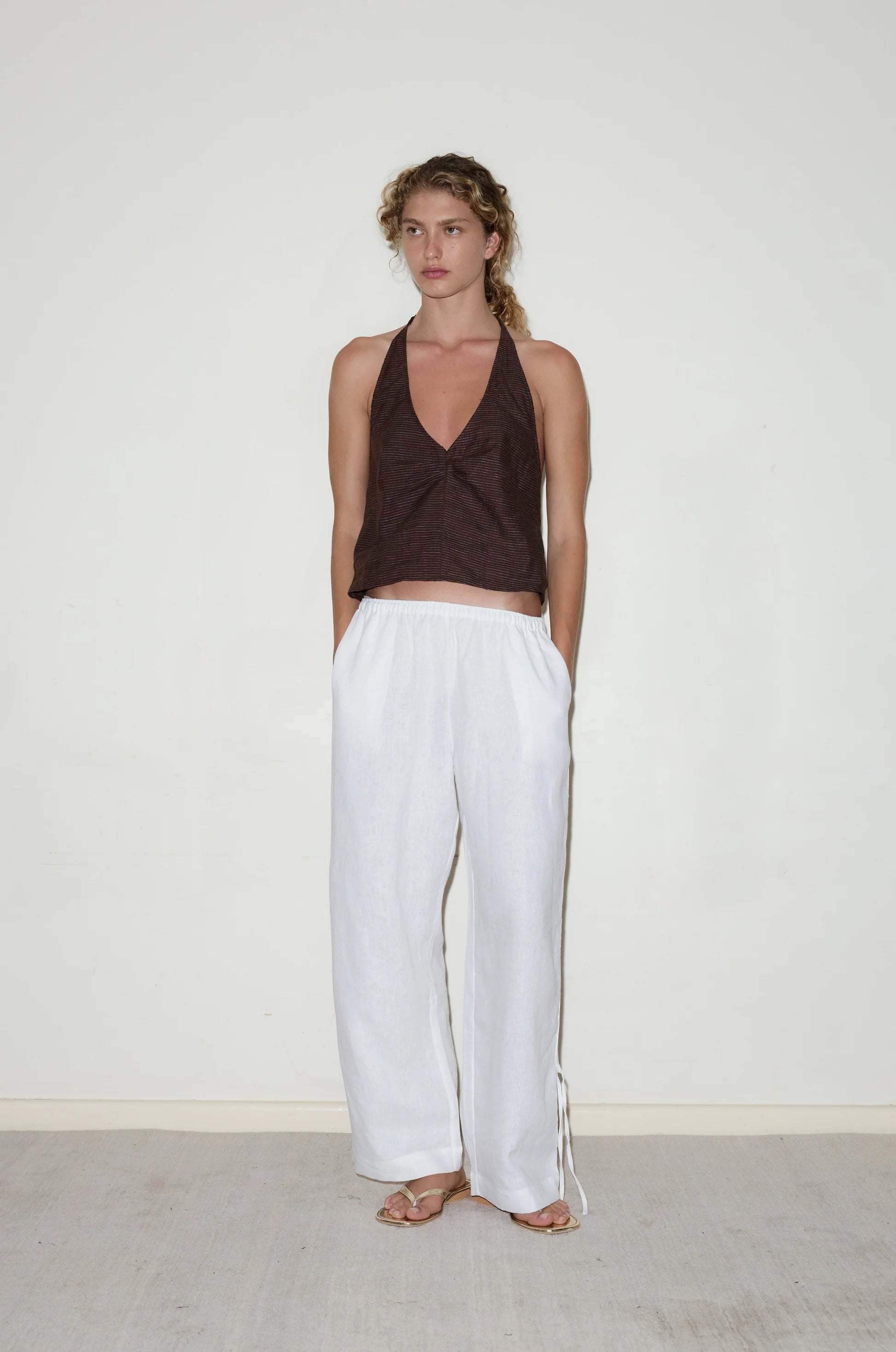 Lazy Home White Side Stripe Linen Pants