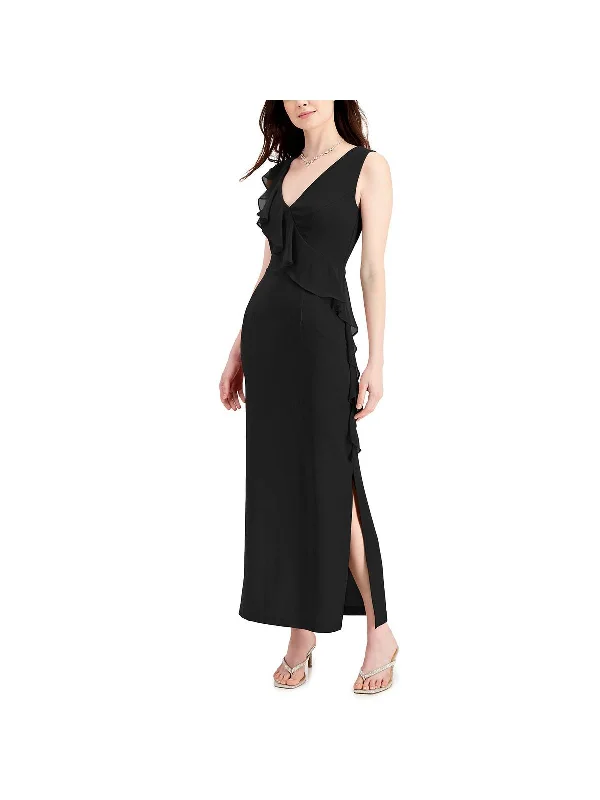 Floral Prints Womens Cascade Ruffle V Neck Evening Dress
