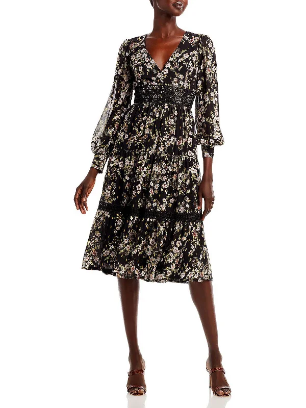 Exclusive Customization Womens Floral Print Crochet Trim Midi Dress
