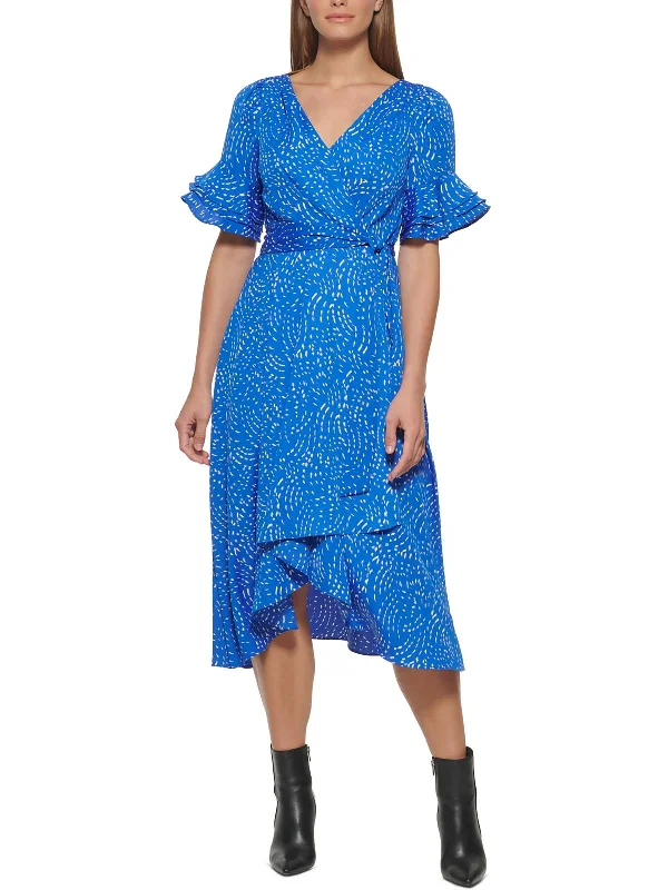 High Street Design Womens Printed Ruffled Wrap Dress
