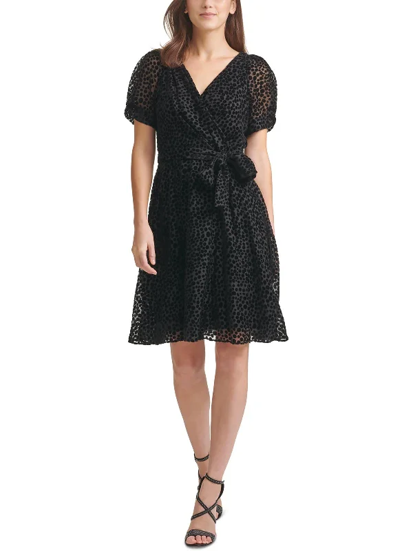 Stretch Design Womens Velvet Dot Knee Wrap Dress