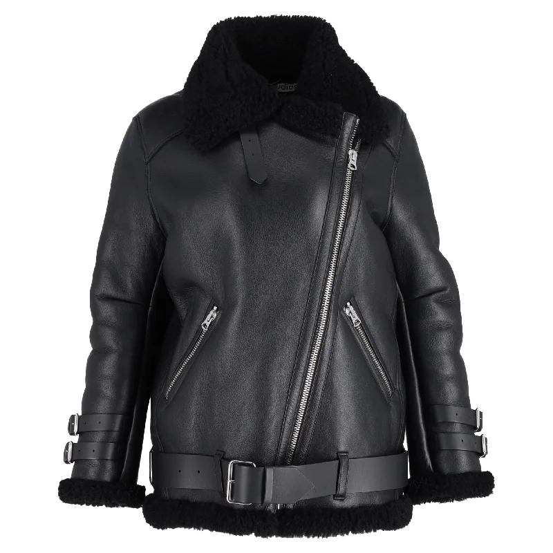 Unique Prints Acne Studios Velocite Belted Zip-Up Biker Jacket in Black Leather