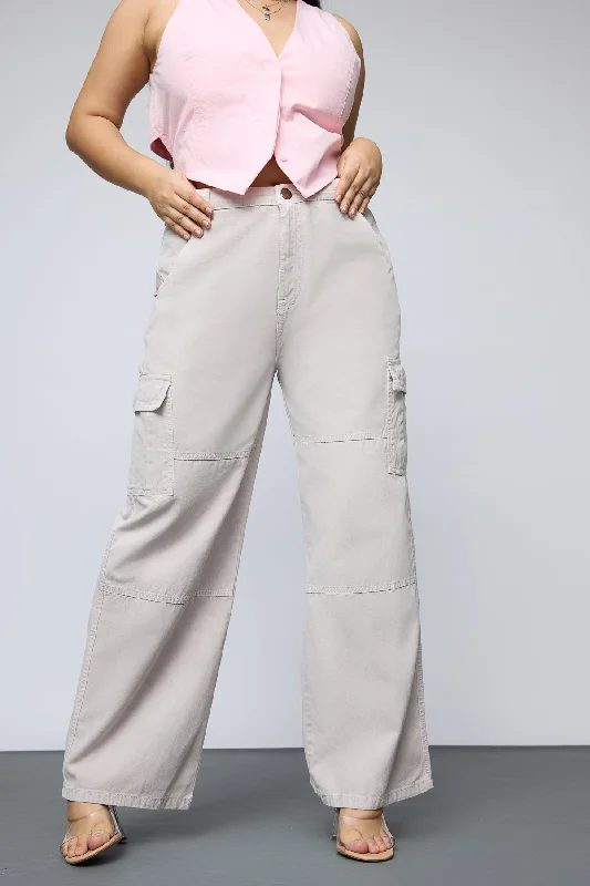 Classic Style Bohemian Beige Curve Straight Cargo Jeans
