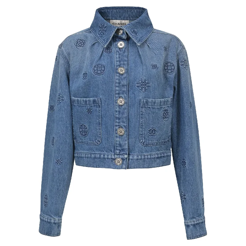 Breathable Design Chanel Logo Detailed Button Front Jacket in Blue Denim