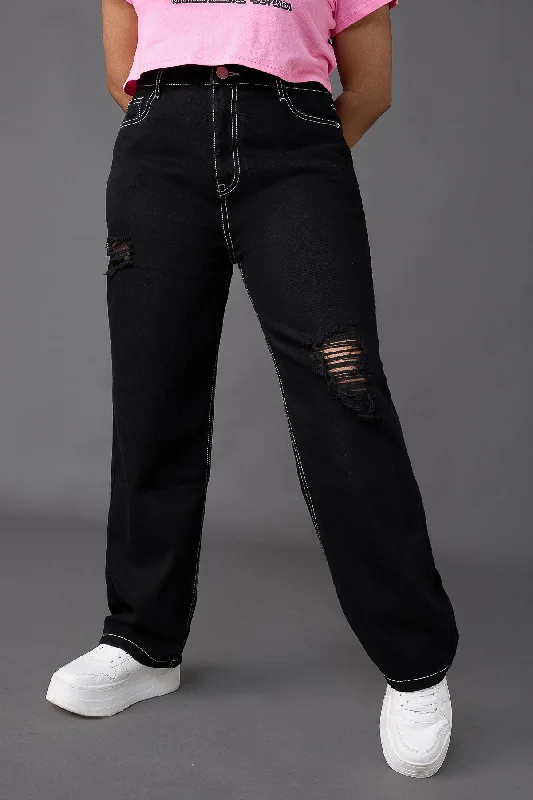 Refreshing Design Curve Black Distress Straight Jeans