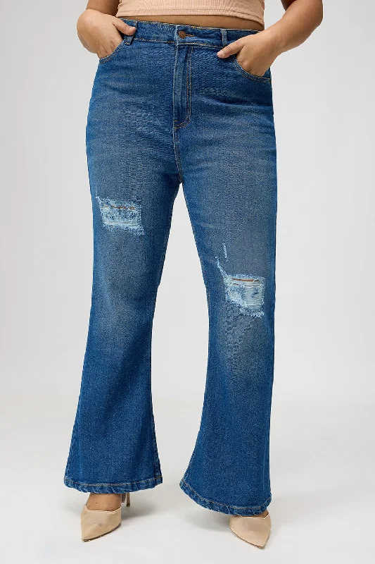Embroidered Letters Curve Blue Distress Bootcut Denim Jeans