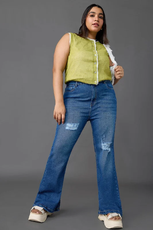 Tropical Style Curve Mid Blue Distress Bootcut Jeans