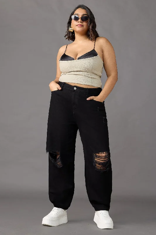 Fashionable Items Rocker Rebel Curve Relaxed Fit Torn Black Jeans