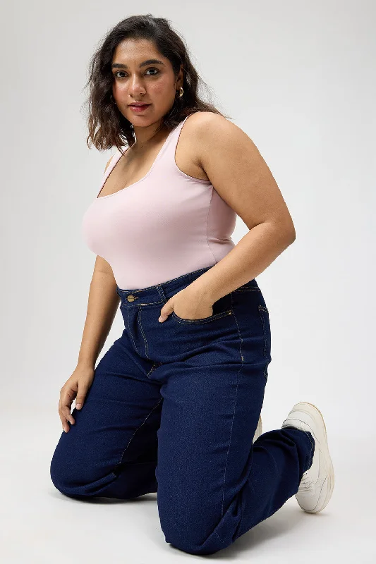 Classic And Versatile Curve Straight Leg Dark Blue Denim Jeans