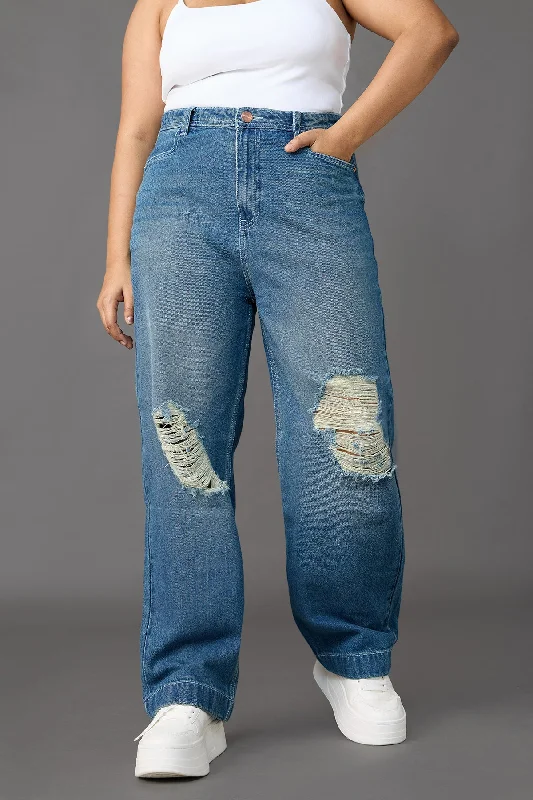 Urban Style Midday Muse Blue Distressed Straight Jeans Curve