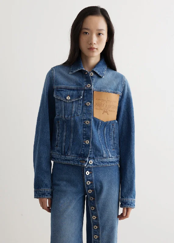 Luxury Style Denim Jacket With Leather Pocket